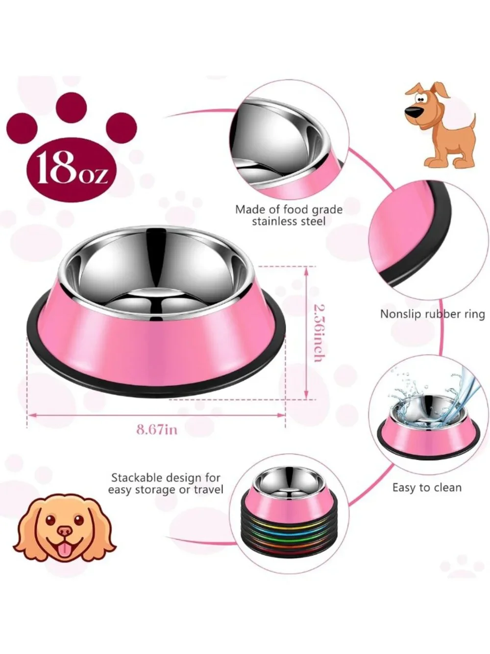 6-Pack 18oz Stainless Steel Dog Bowls with Anti-Skid Base - Stackable Pet Dishes